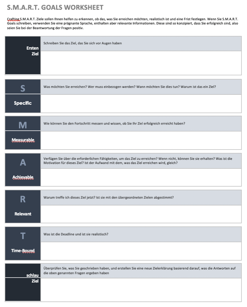 SMART Goals Worksheet Template German