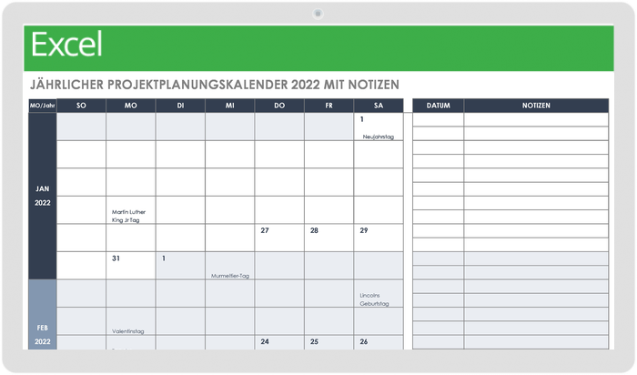 Jährlicher Projektplanungskalender 2022 mit Notizenvorlage