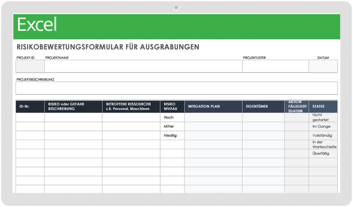 Vorlage für das Formular zur Risikobewertung bei Ausgrabungen