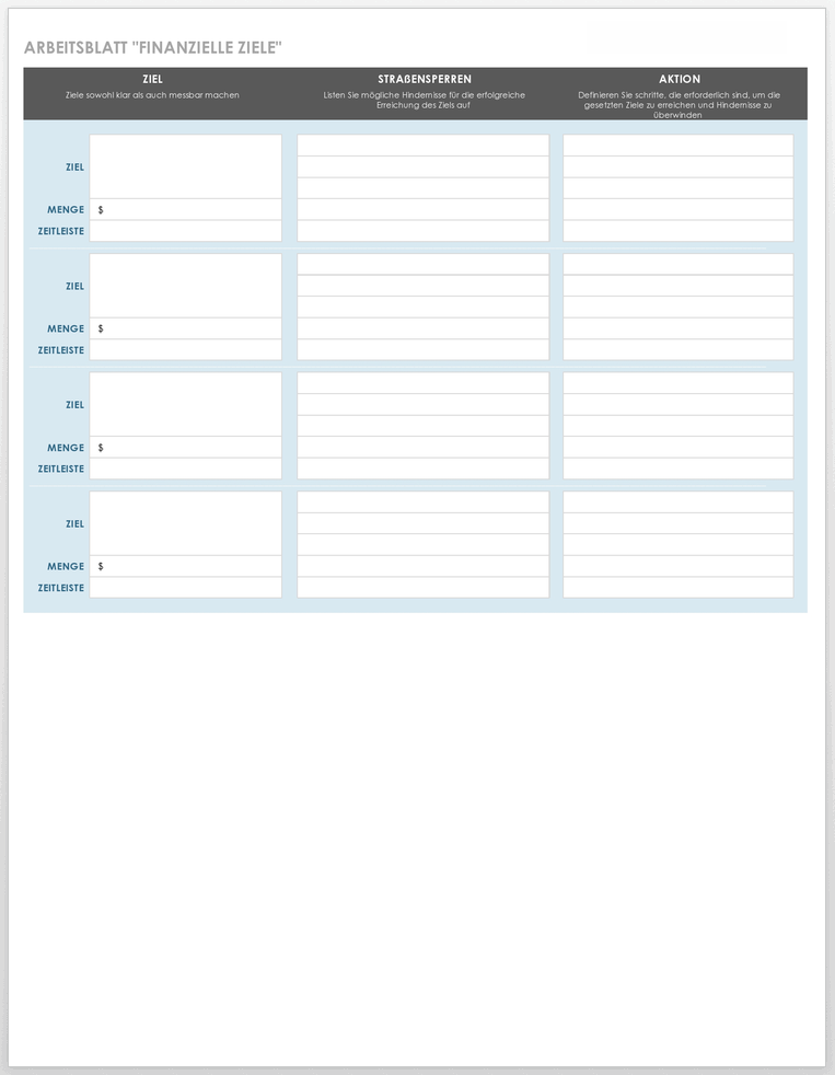 Arbeitsblattvorlage für finanzielle Ziele
