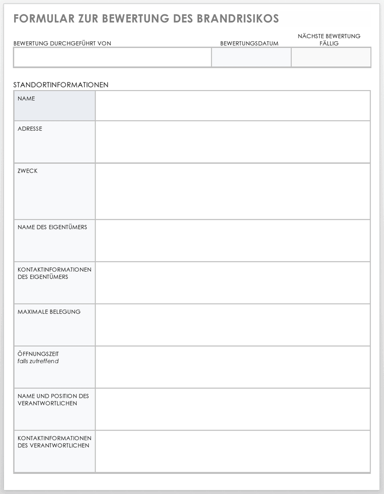 Vorlage für ein Formular zur Bewertung des Brandrisikos