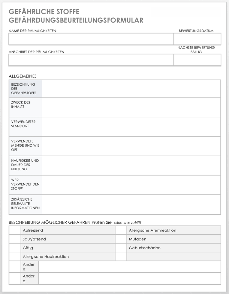 Vorlage für das Risikobewertungsformular für gefährliche Stoffe