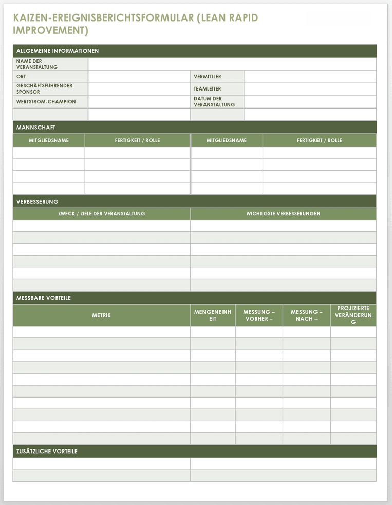 Lean Project Management Lean Rapid Improvement Kaizen Ereignisbericht Formularvorlage