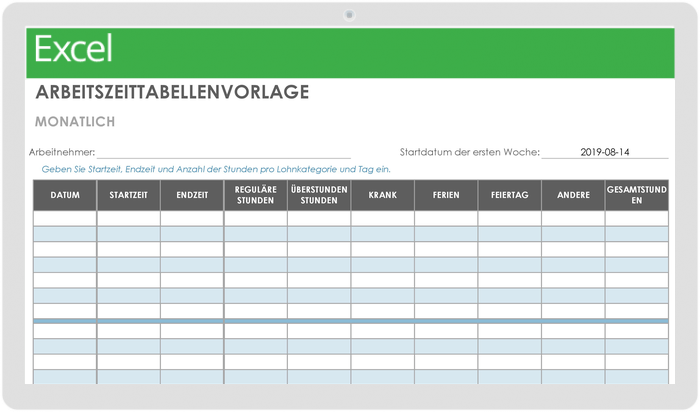 Vorlage für monatliche Arbeitszeittabellen