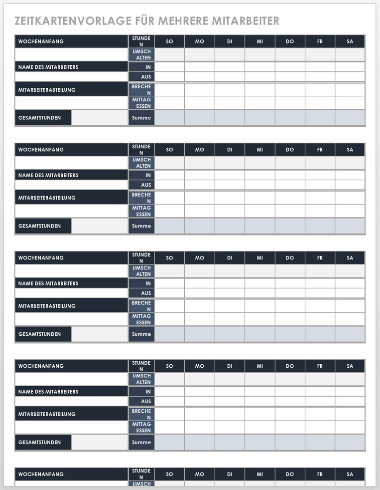 Zeitkartenvorlage für mehrere Mitarbeiter