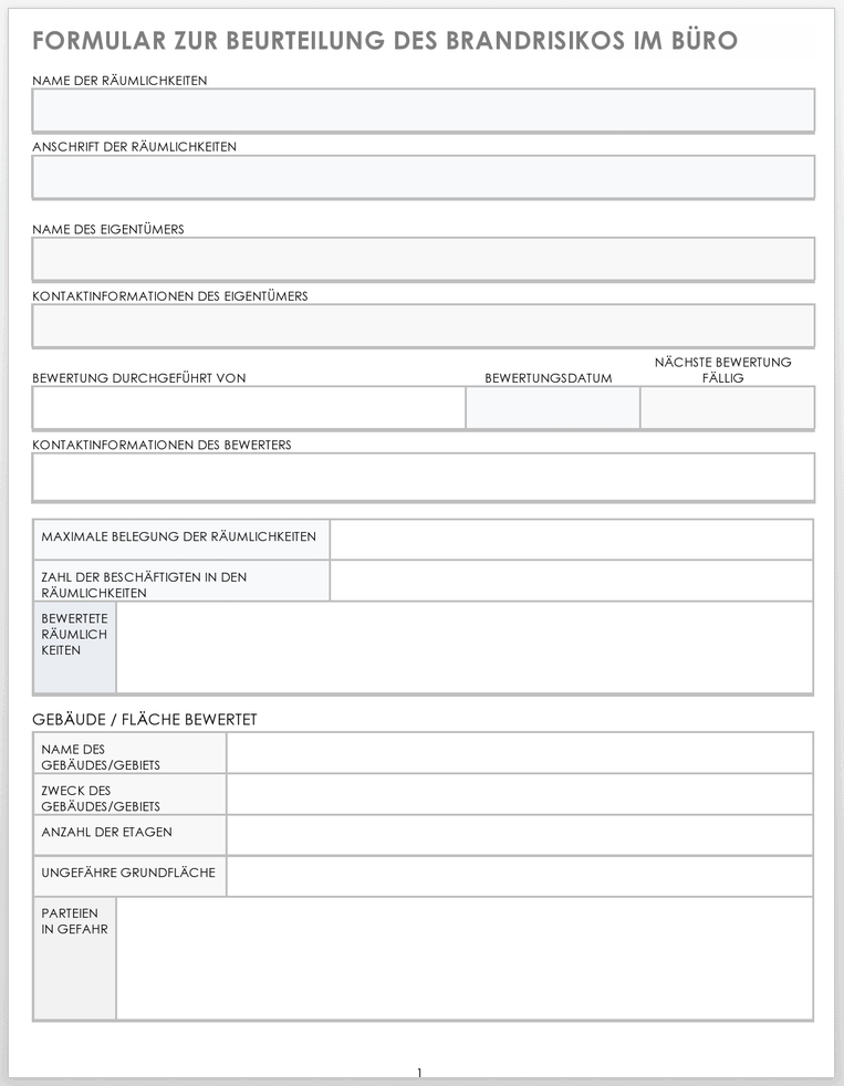 Vorlage für das Formular zur Bewertung des Brandrisikos im Büro