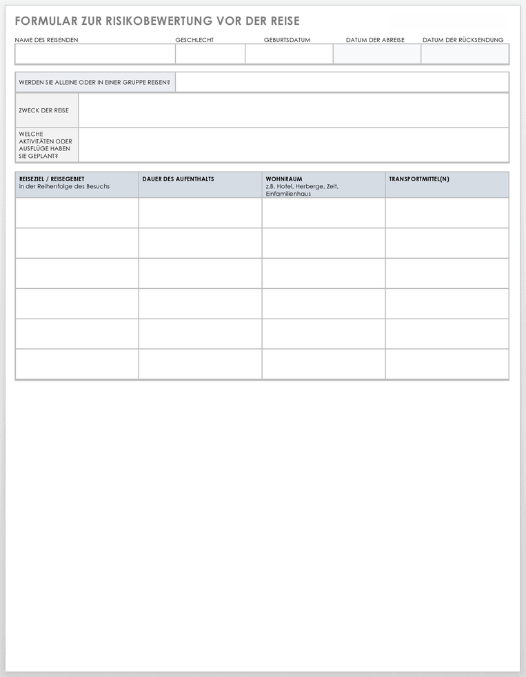 Vorlage für das Formular zur Risikobewertung vor Reiseantritt