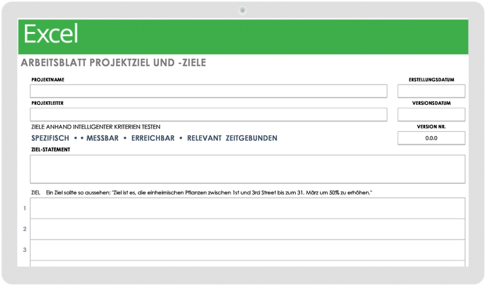 Arbeitsblattvorlage für Projektziele und -ziele