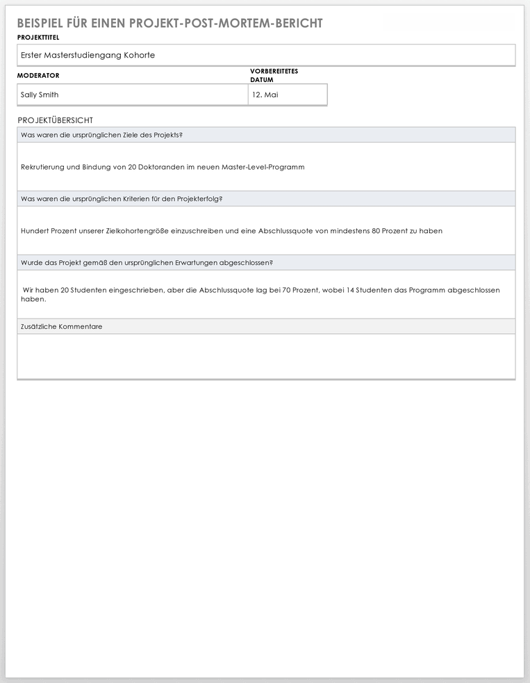 Beispielvorlage für einen Projekt-Postmortem-Bericht