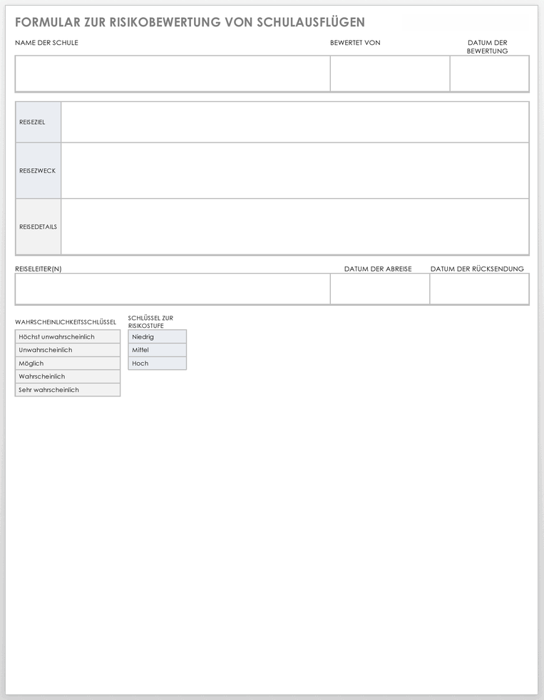 Vorlage für das Formular zur Bewertung des Risikos einer Schulreise
