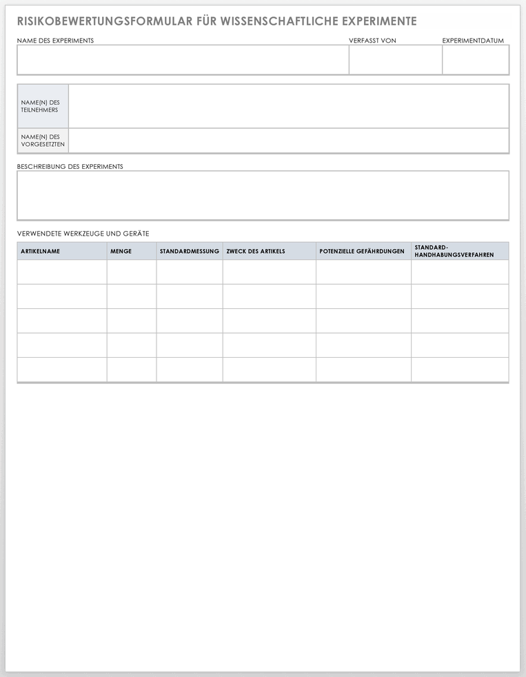 Vorlage für ein Risikobewertungsformular für wissenschaftliche Experimente