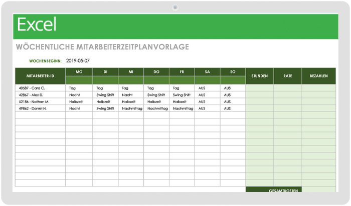 Vorlage für wöchentliche Mitarbeiterpläne