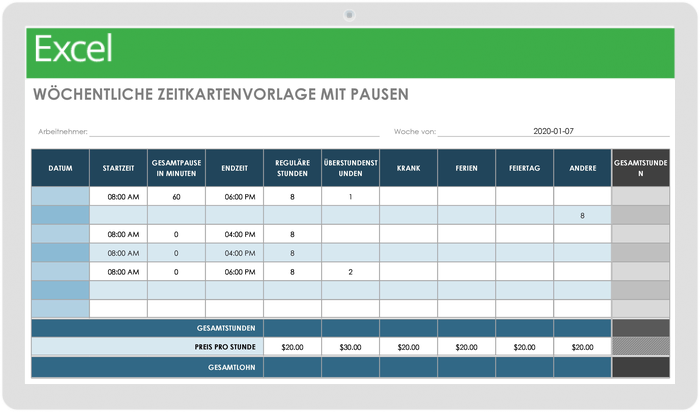 Wöchentliche Zeitkartenvorlage mit Pausenvorlage