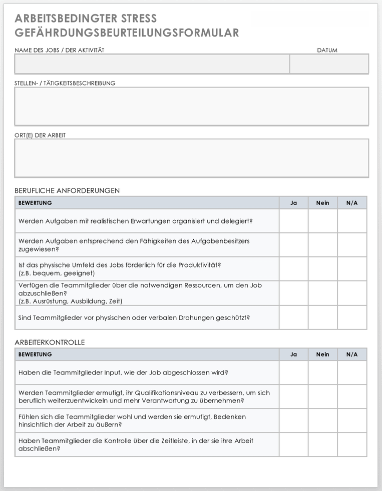 Vorlage für ein Formular zur Bewertung des arbeitsbezogenen Stressrisikos