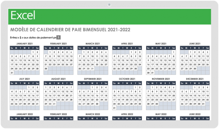 2021 - 2022 - bihebdomadaire calendrier de paie