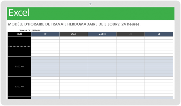 Modèle d'horaire de travail hebdomadaire sur 5 jours et 24 heures sur 24