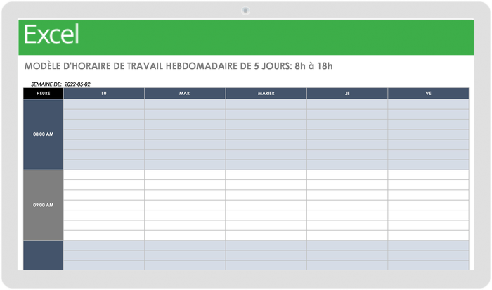 Modèle d'horaire de travail hebdomadaire de 5 jours de 8 h à 18 h