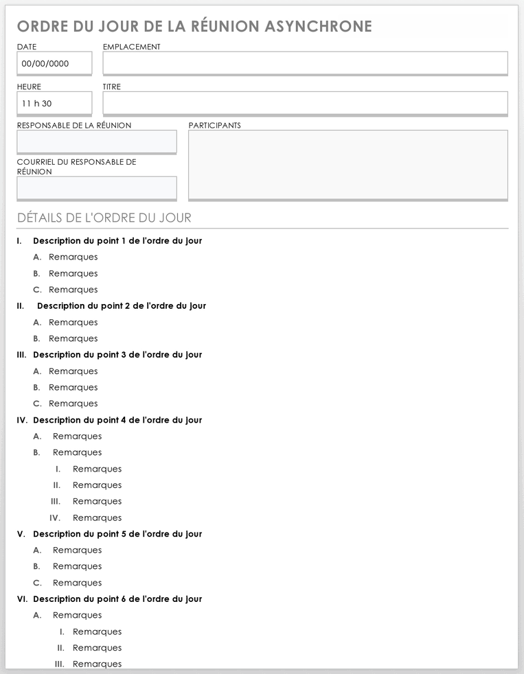 Ordre du jour de la réunion asynchrone