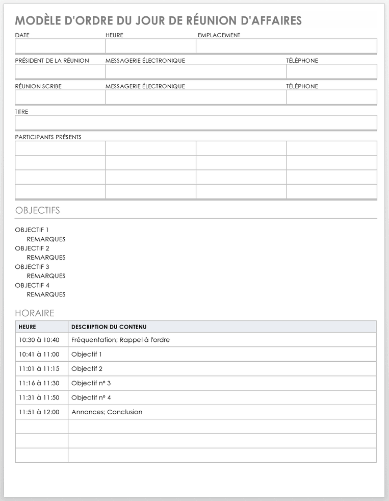Modèle d'ordre du jour de réunion d'affaires