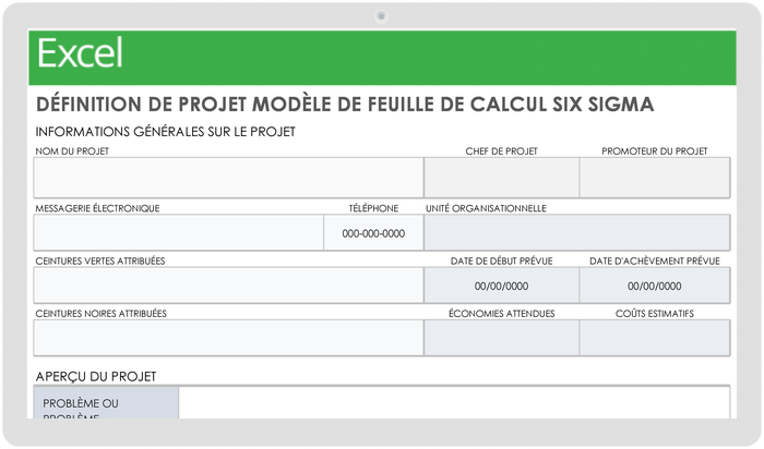 Modèle de feuille de travail Six Sigma de définition de projet