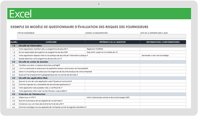 Exemple de questionnaire d'évaluation des risques du fournisseur