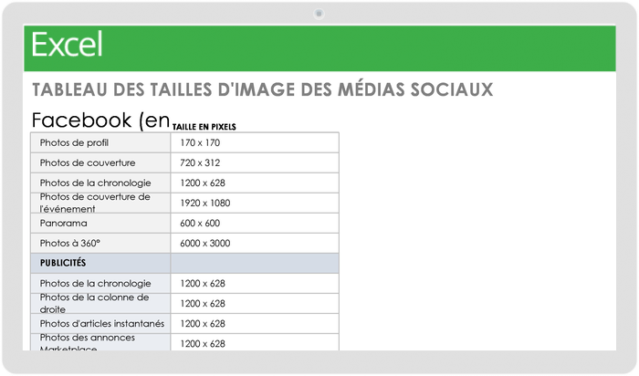 Tableau des tailles d'images sur les réseaux sociaux