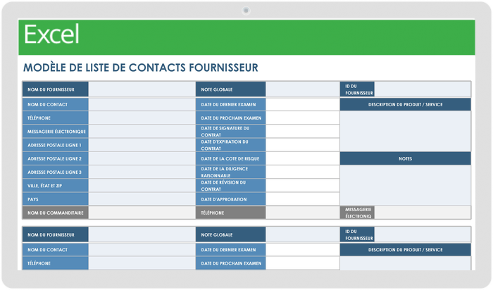 Liste de contacts des fournisseurs