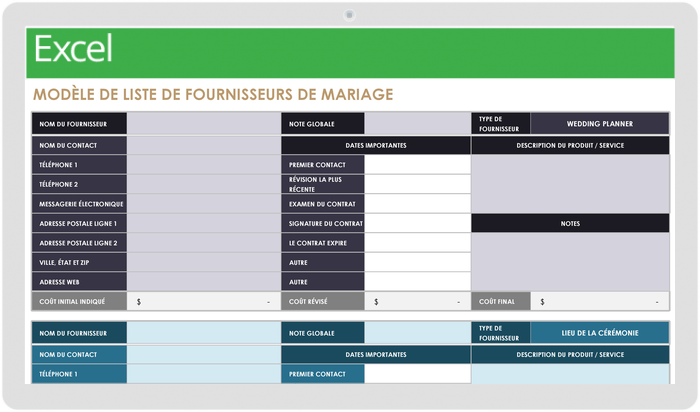 Modèle de liste de fournisseurs de mariage