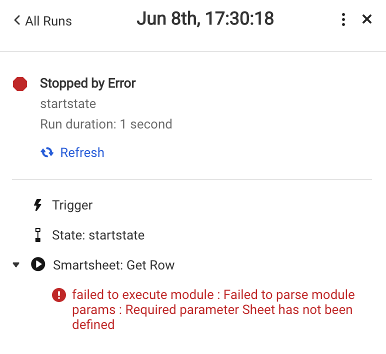 Run Log showing an error