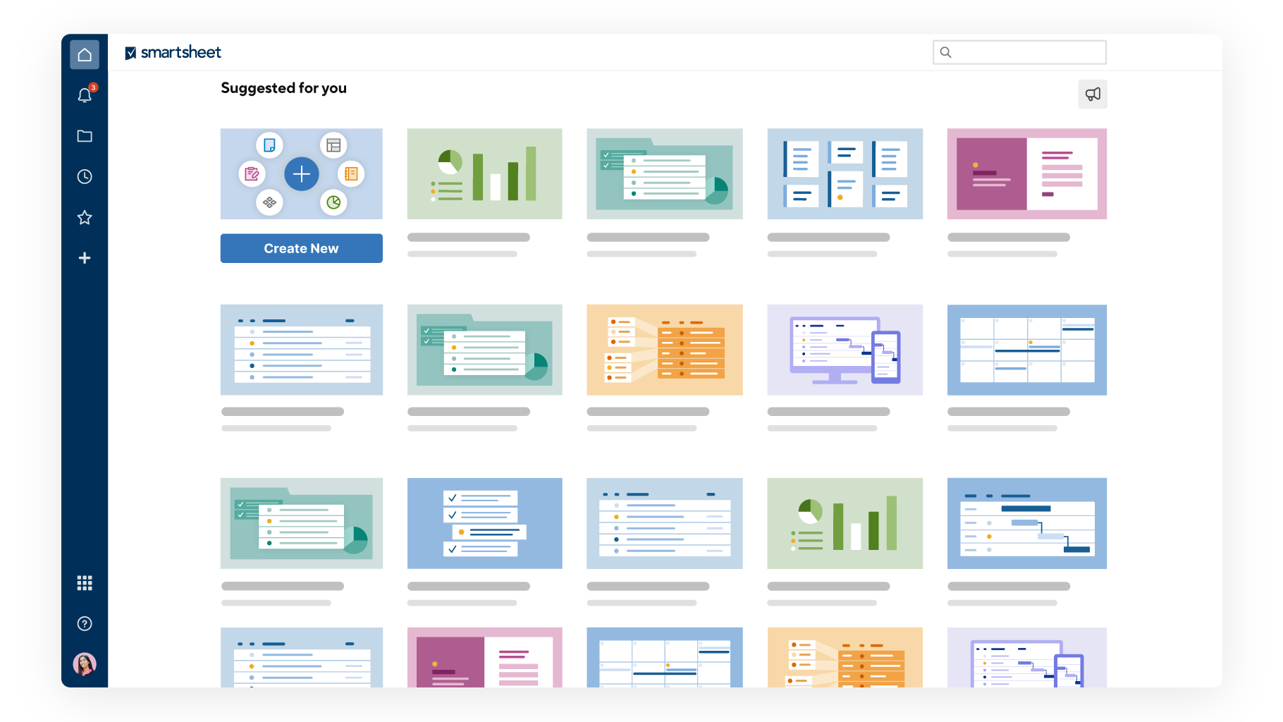 Smartsheet-Startseite mit verschiedenen Symbolen für kürzlich geöffnete Sheets und dem Navigationsbereich auf der linken Seite.