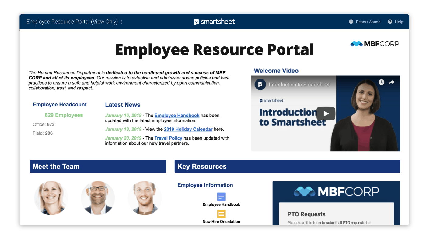 Smartsheet portal for employee resources