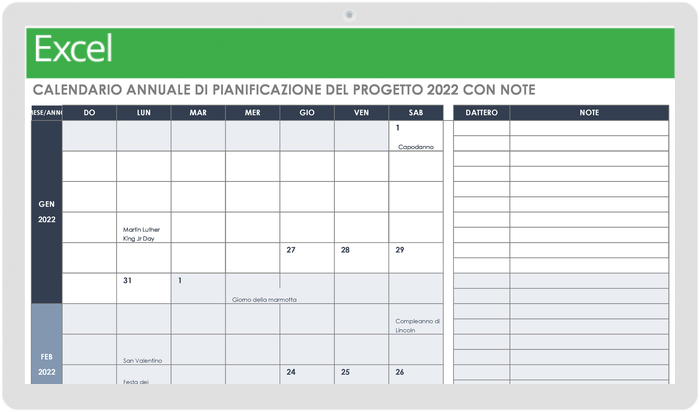 Calendario di pianificazione annuale del progetto 2022 con modello di note