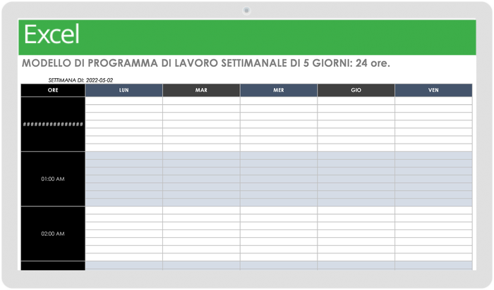 Modello di orario di lavoro settimanale di 5 giorni, 24 ore su 24