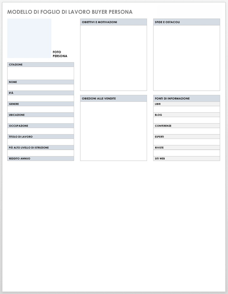 Modello di foglio di lavoro Persona acquirente