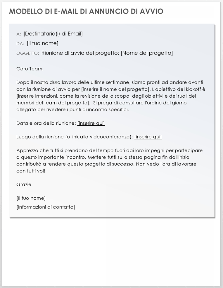 Modello di e-mail per l'annuncio del calcio d'inizio
