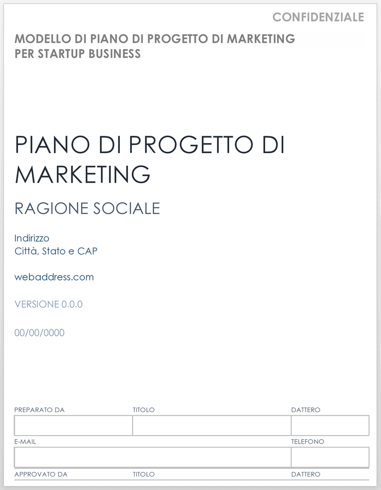 Modello di piano di progetto di marketing per startup