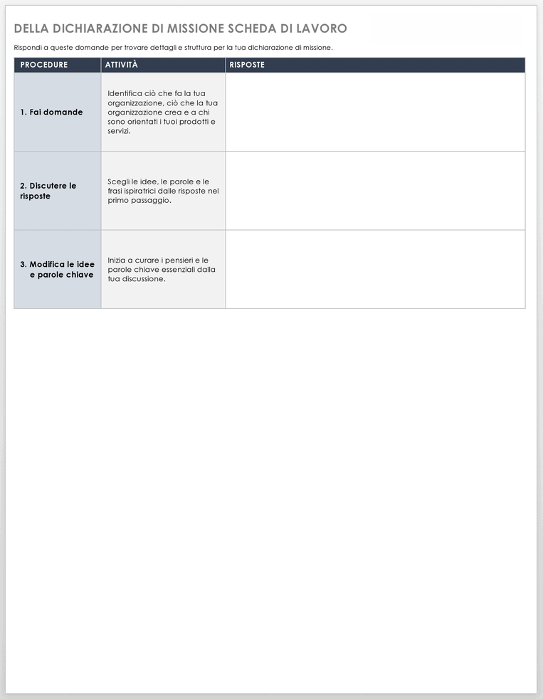 Modello di foglio di lavoro con dichiarazione di intenti