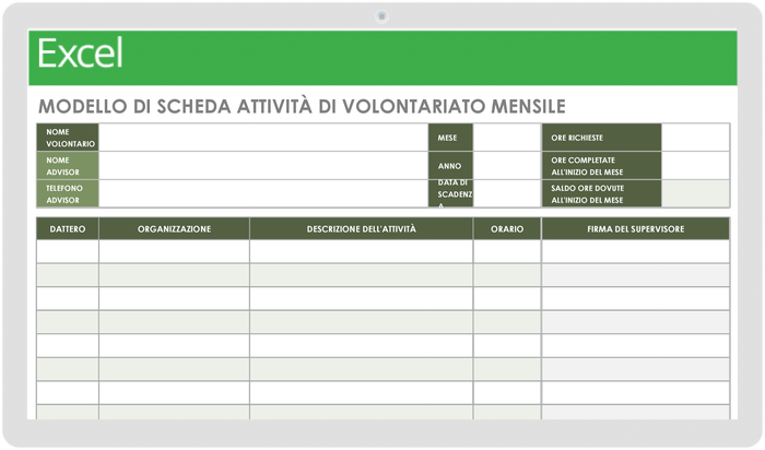 Modello mensile scheda attività volontario