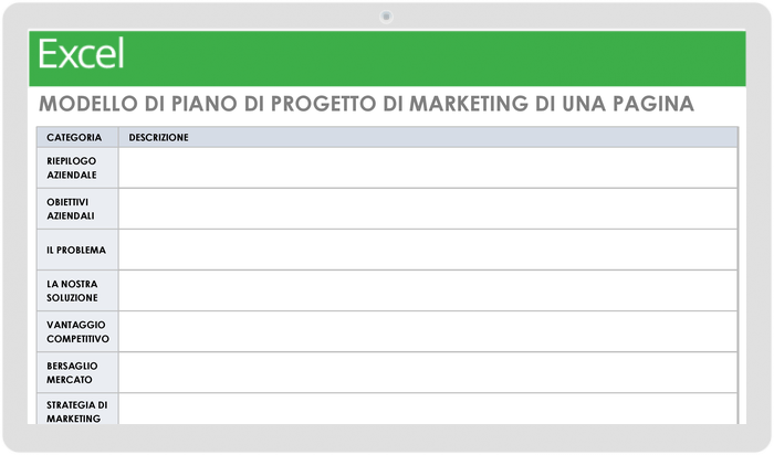 Modello di piano di progetto di marketing di una pagina