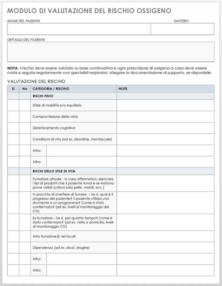 Modello di modulo per la valutazione del rischio di ossigeno