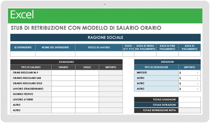 Modello di busta paga con salario orario