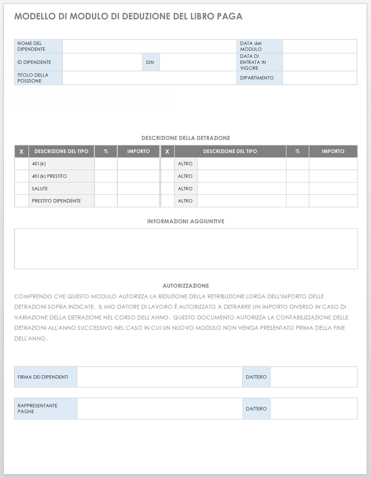 Modello di modulo di detrazione sul salario