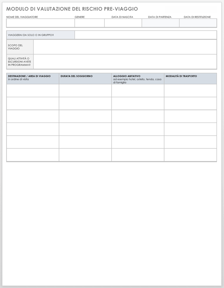Modello di modulo di valutazione del rischio prima del viaggio