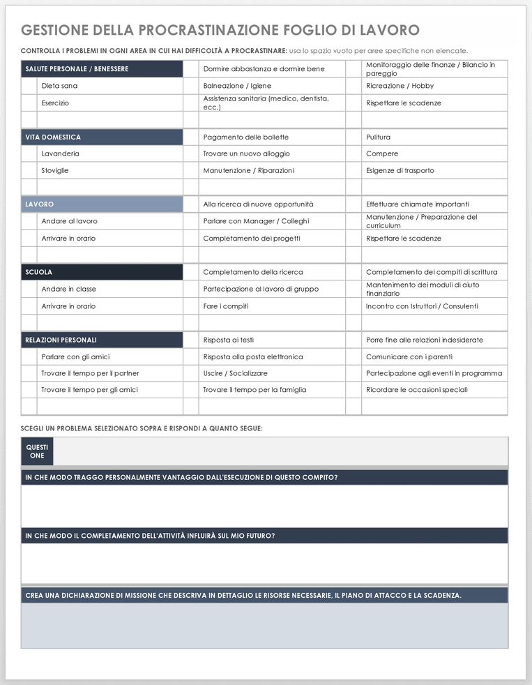 Modello di foglio di lavoro per la gestione della procrastinazione