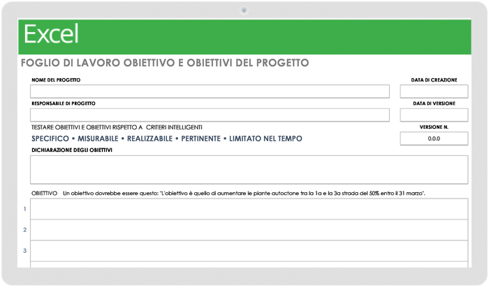 Modello di foglio di lavoro progetto-obiettivo e obiettivi