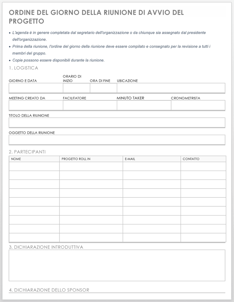 Modello di agenda della riunione di avvio del progetto