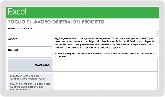 Modello di foglio di lavoro per gli obiettivi del progetto