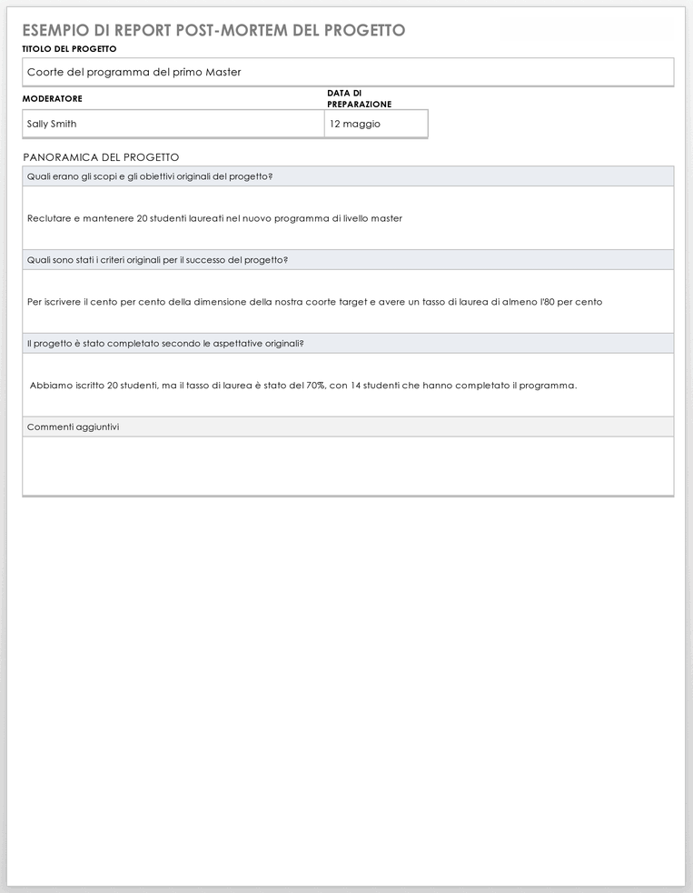 Modello di esempio di rapporto di progetto post mortem