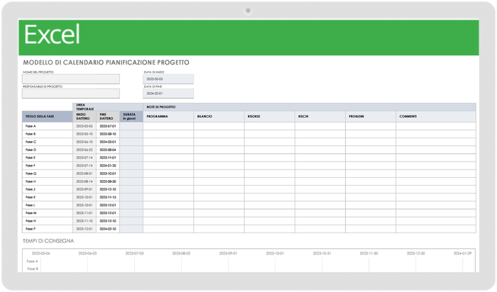 Modello di calendario di pianificazione del progetto