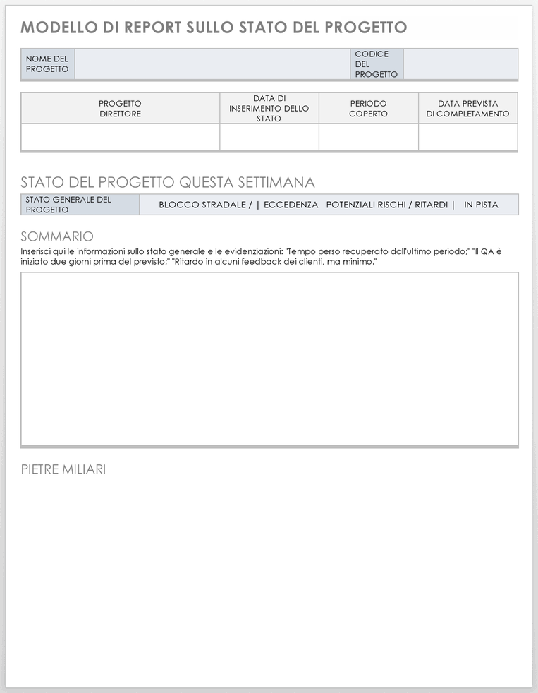 Modello di rapporto sullo stato del progetto